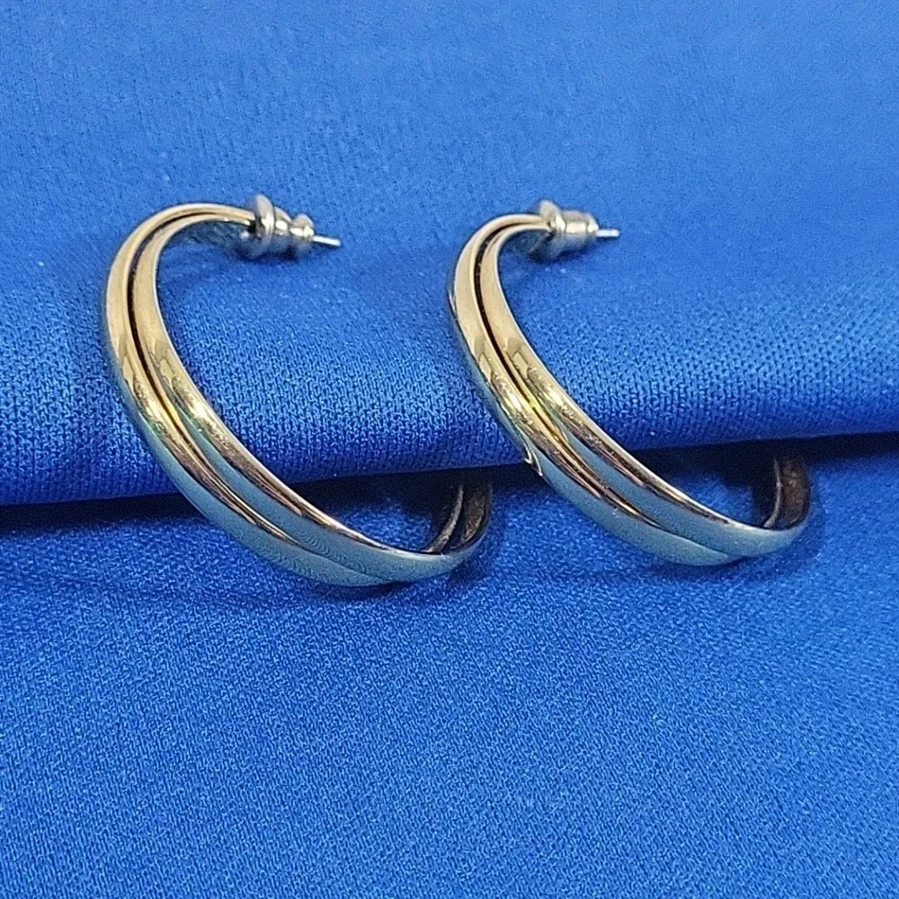 Vintage 90s Earrings Gold-Tone Double‎ Hoop Minimalist Pierced Posts